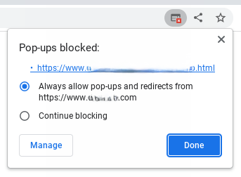 Browser dialog window with title Popups blocked, showing options to allow popups or keep blocking them, with Done and Manage buttons at the bottom